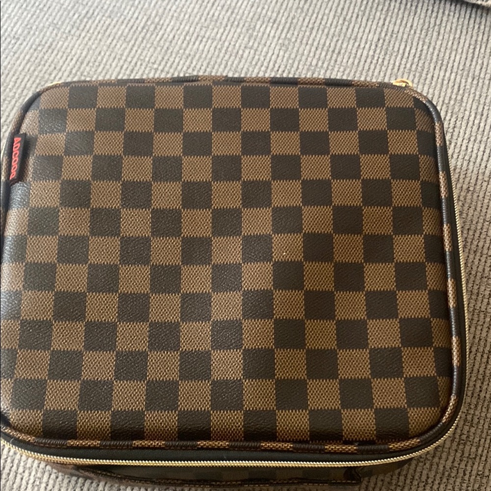 Brown Toiletry Bag with Checkered Pattern